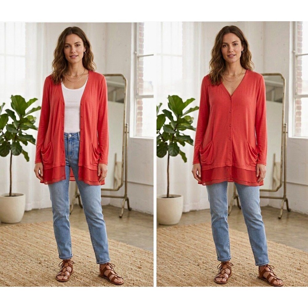 LOGO Lori Goldstein Coral Draped Pocket Cardigan Sweater  Faircore Tunic Top M